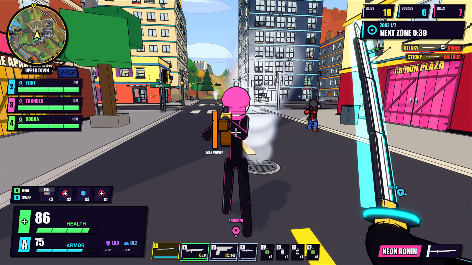 First-person view with a glowing katana in a city street