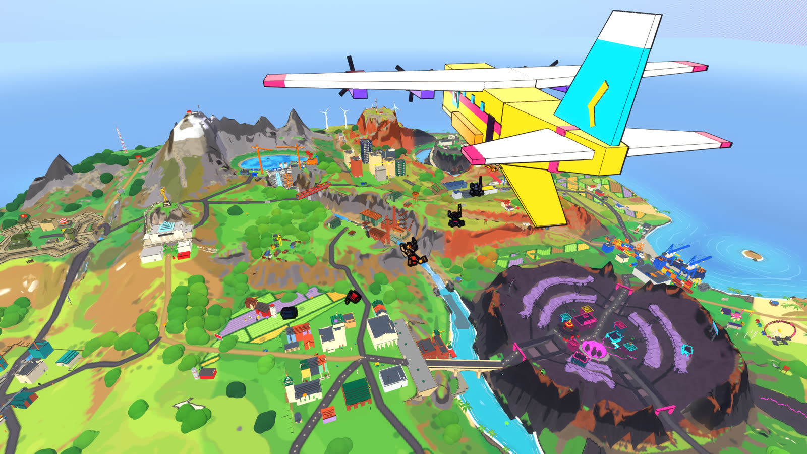 A plane flying over the whole of Stick Island with its city, mountains and coast