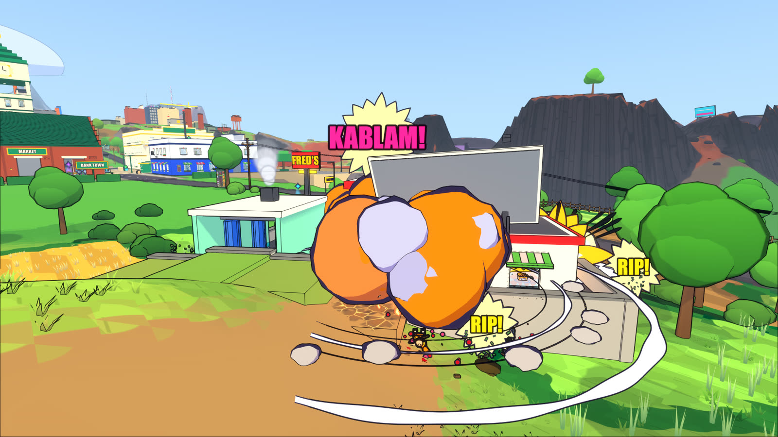 A planted bomb explodes in a comic-style KABLAM burst on a 5v5 map