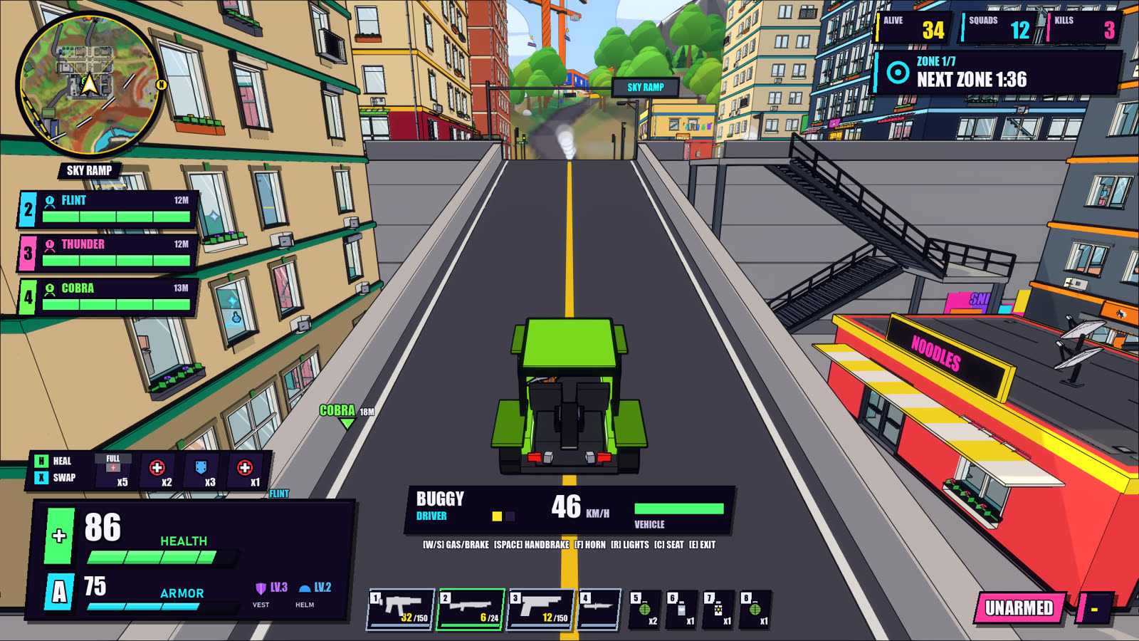 Driving a green buggy down a city street at speed