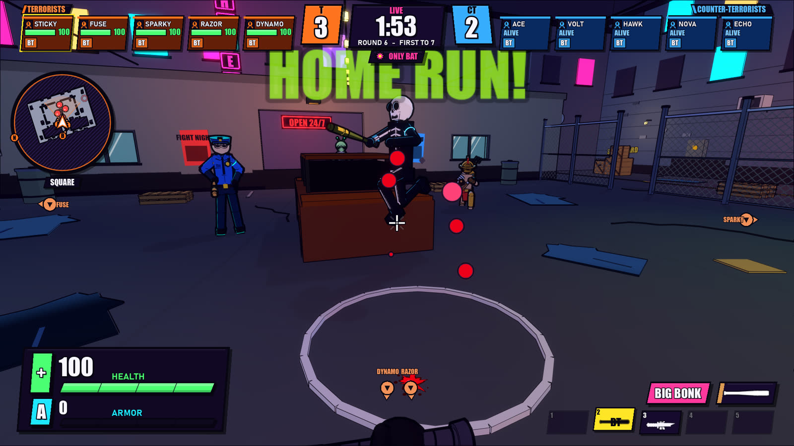 HOME RUN! A baseball bat smash in the neon back alley of the ONLY BAT fun mode