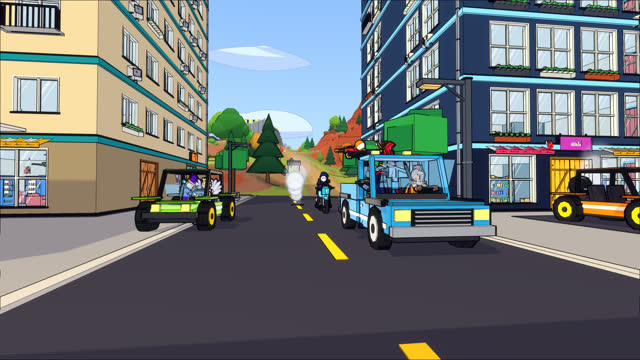 Street scene with a buggy, pickup and motorbike