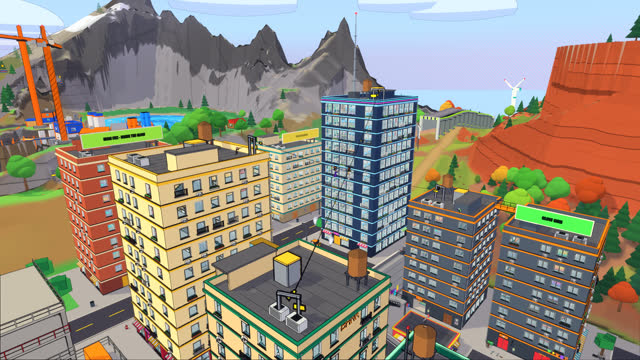 Island overview with a high-rise city, mountains and red canyon