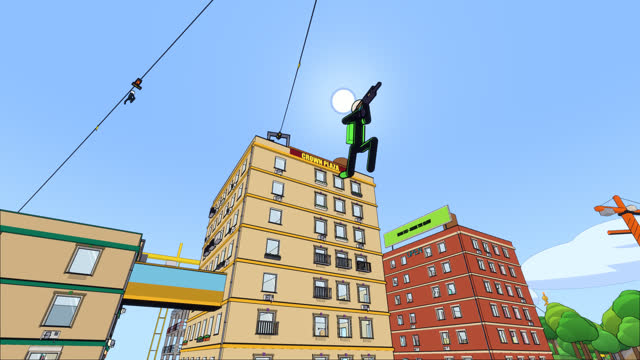 A stick fighter ziplining between rooftops