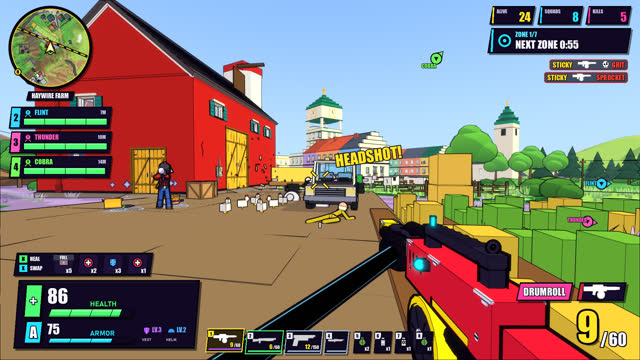 A farm with a red barn and a headshot callout
