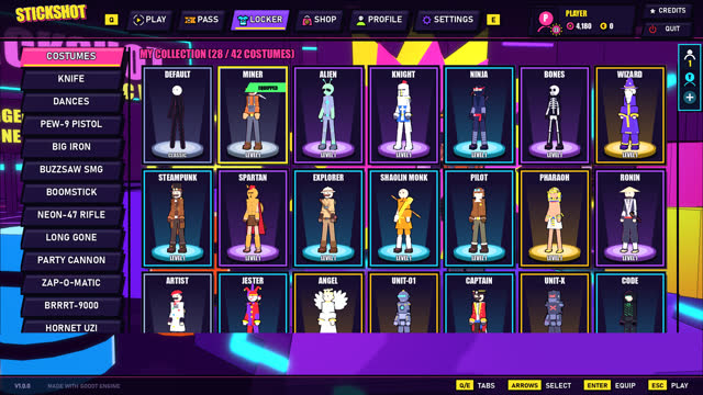 The locker menu with 42 costumes
